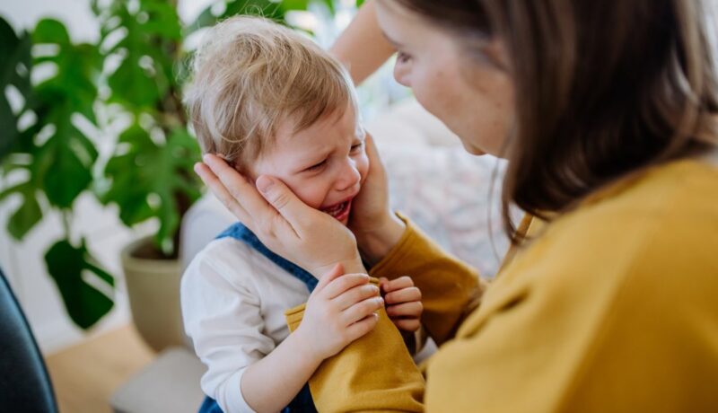 Mamă, îmbrăcată în galben, care ține fața băiețelului ei, care plânge, în palme, iar pe fundal, în cameră este o plantă cu frunze verzi, în ghiveci, ilustrând Cuvintele pe care nu ar trebui să le spui copilului tău