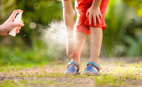 Băiețel, îmbrăcat cu pantaloni oranj și sandale albastre, care a ieși în parc și în jurul lui roiesc țânțarii, se carpină cu o mână și în imagine apare și mâna unui adult care ține un mână un spray, ilustrând înțepăturile de țânțari la copii