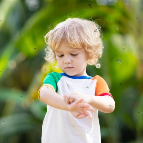 Băiețel cu părul blond, îmbrăcat cu un tricou alb, care are una dintre mâneci oranj și una verde, stă în natură și este înconjura de țânțari și își scarpină brațele, ilustrînd mușcăturile de insecte la copii