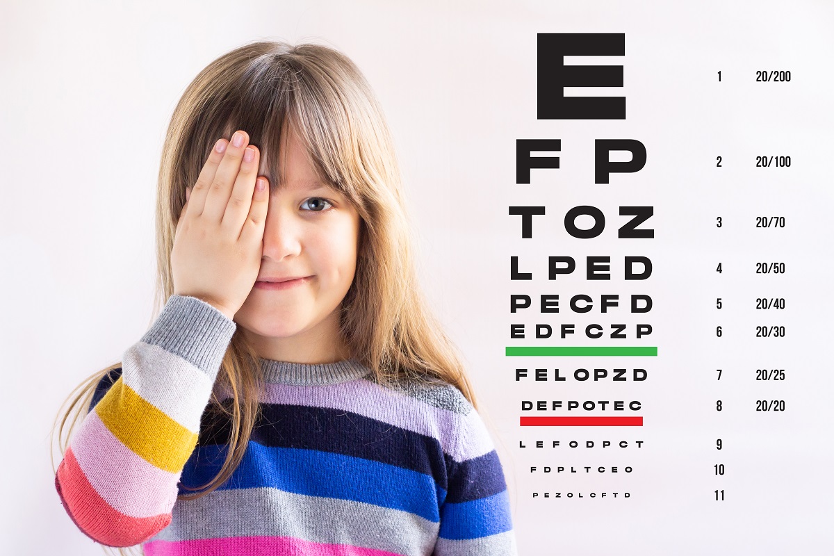 O fetiță care își ține un ochi acoperit și care stă lângă un panou oftalmologic