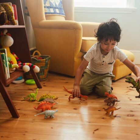 Băiețel se joacă singur cu dinozaurii